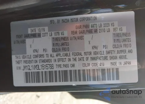 2020 Mazda Mazda6 Touring z USA, uszkodzony, nr VIN JM1GL1VM3L1515788